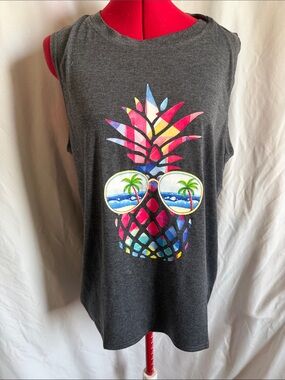 Women's Charcoal Pineapple Graphic Tank Top - Colorful Sunglasses Print